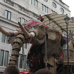 Elephant in Piccadilly Circus. Serendipitous street performance in London. example serendipitous travel photo
