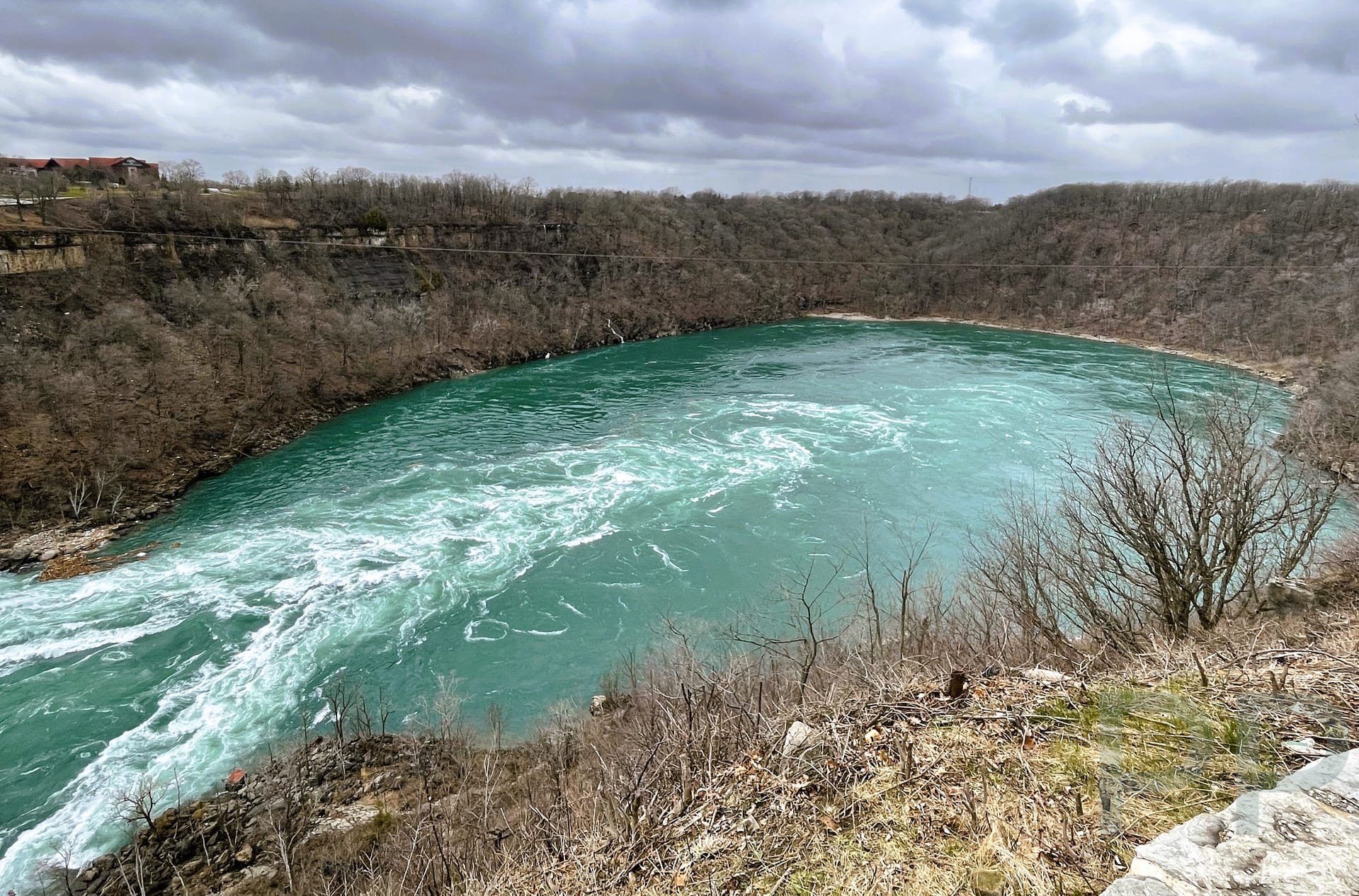The Niagara River whirlpool with swirling rapids viewed from above, New York