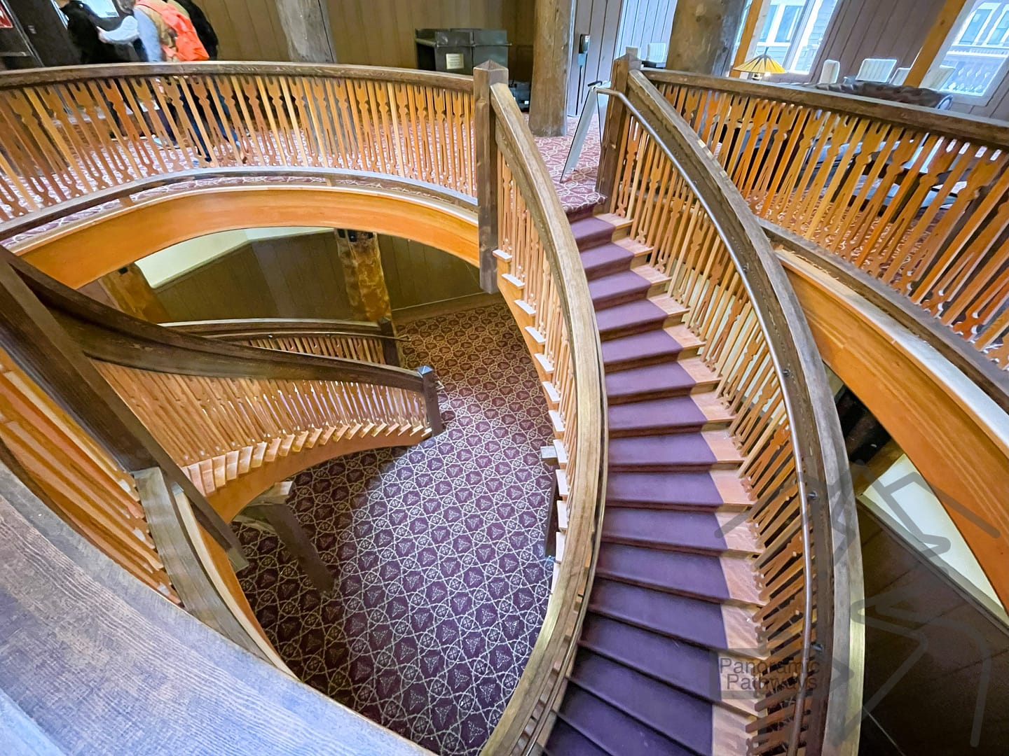 Beautiful round wooden staircase, Many Glacier Hotel, Down to Swiftcurrent Lakeshore, Historic, National Park 