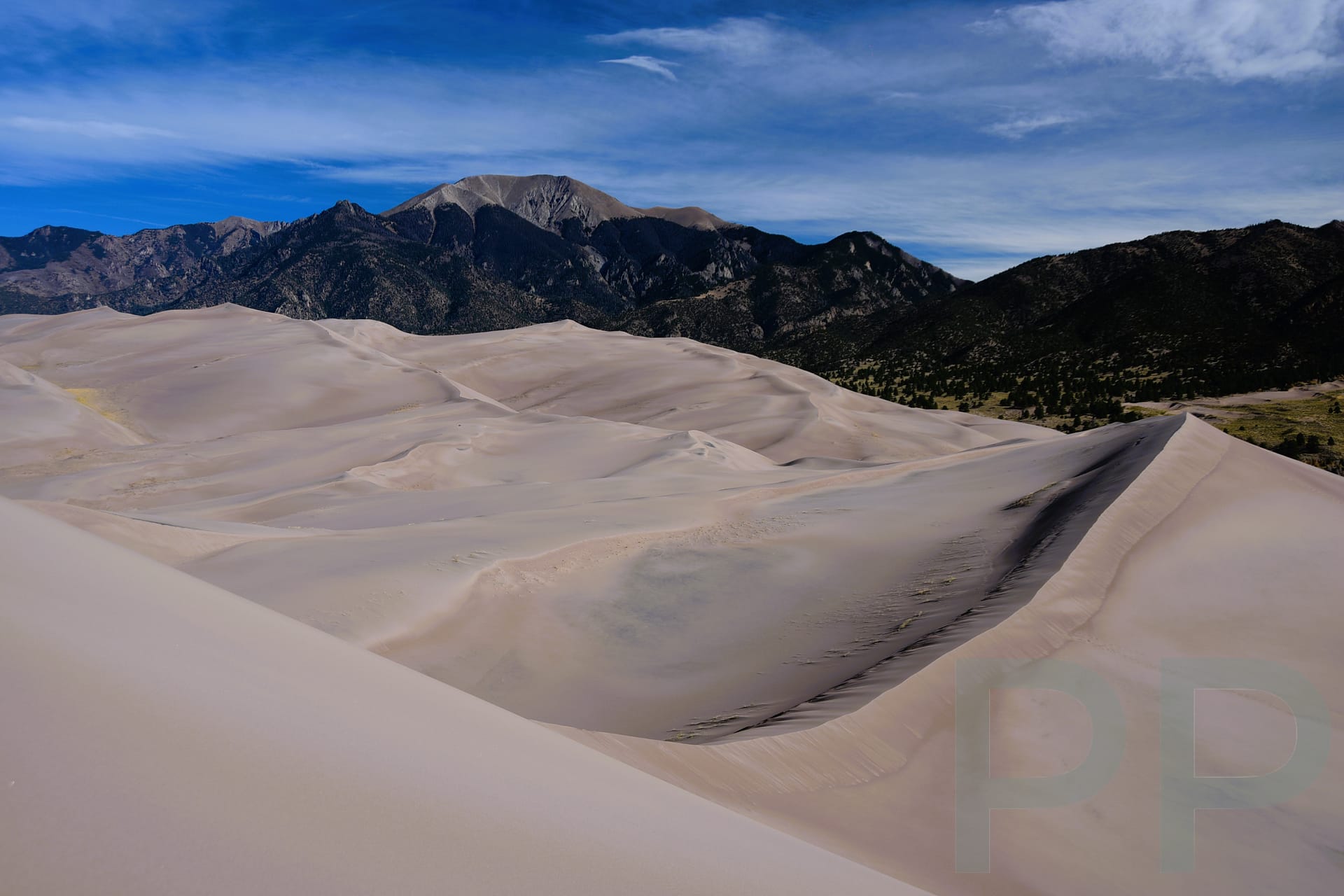 View from Peak of Sand Dune, Mountains, Great Sand Dunes National Park, Colorado