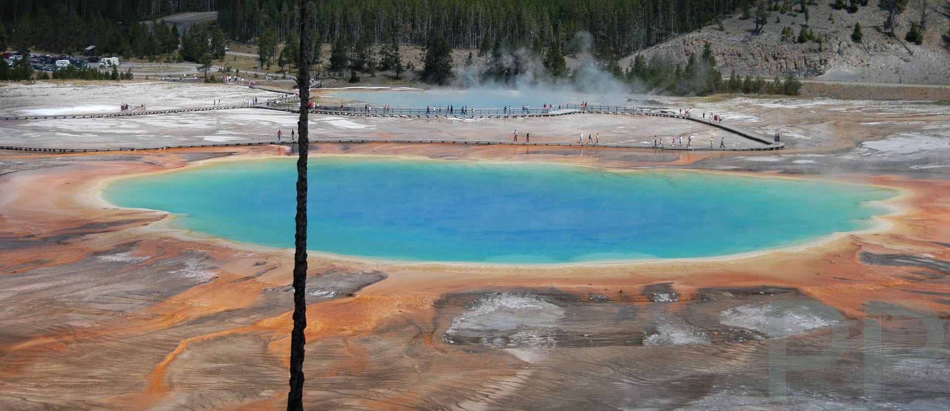 Grand Prismatic Spring with colorful thermal pool in Yellowstone National Park Wyoming