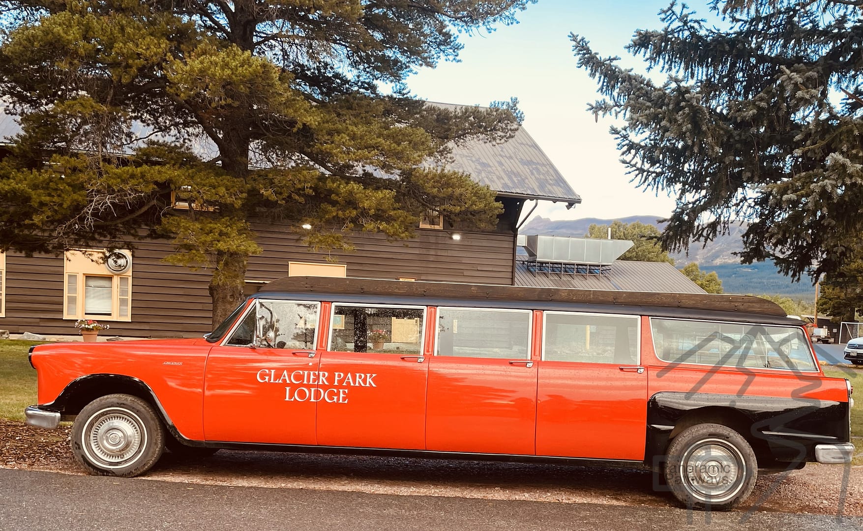 Iconic Glacier Park Lodge Red Bus, Station Wagon, National Park, East Glacier, 1913 