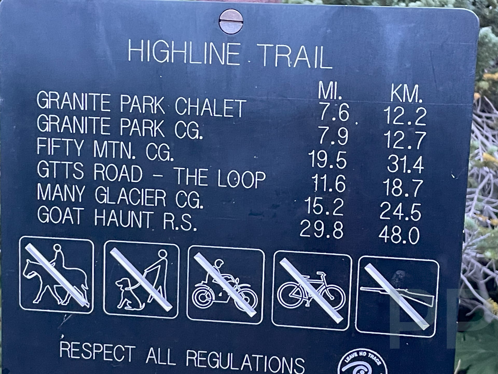 Highline Trail sign at Logan Pass showing mileage to Granite Park Chalet.