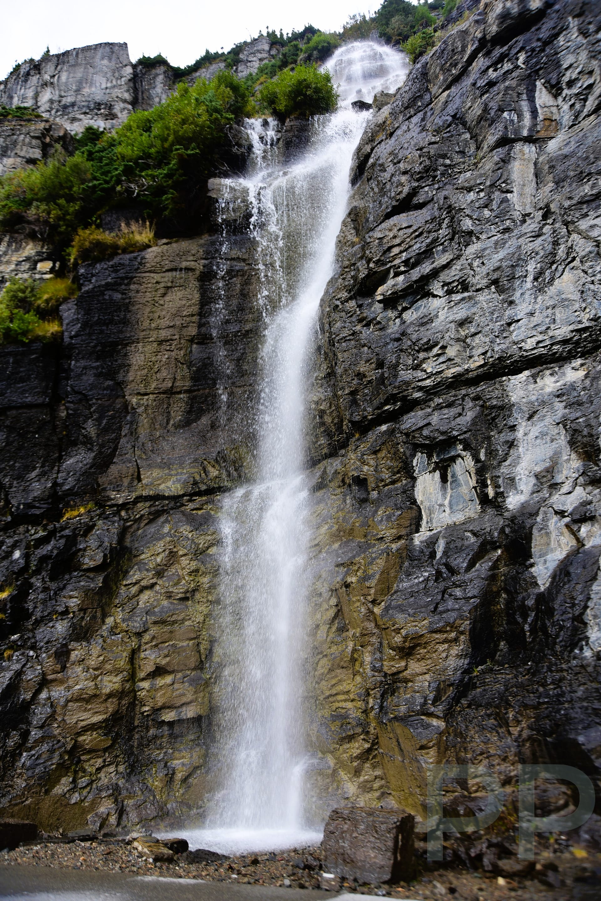 Water flowing down the Weeping Wall beside Going-to-the-Sun Road in Glacier National Park
