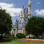 Cinderella Castle at Disney World framed by flowers and blue sky