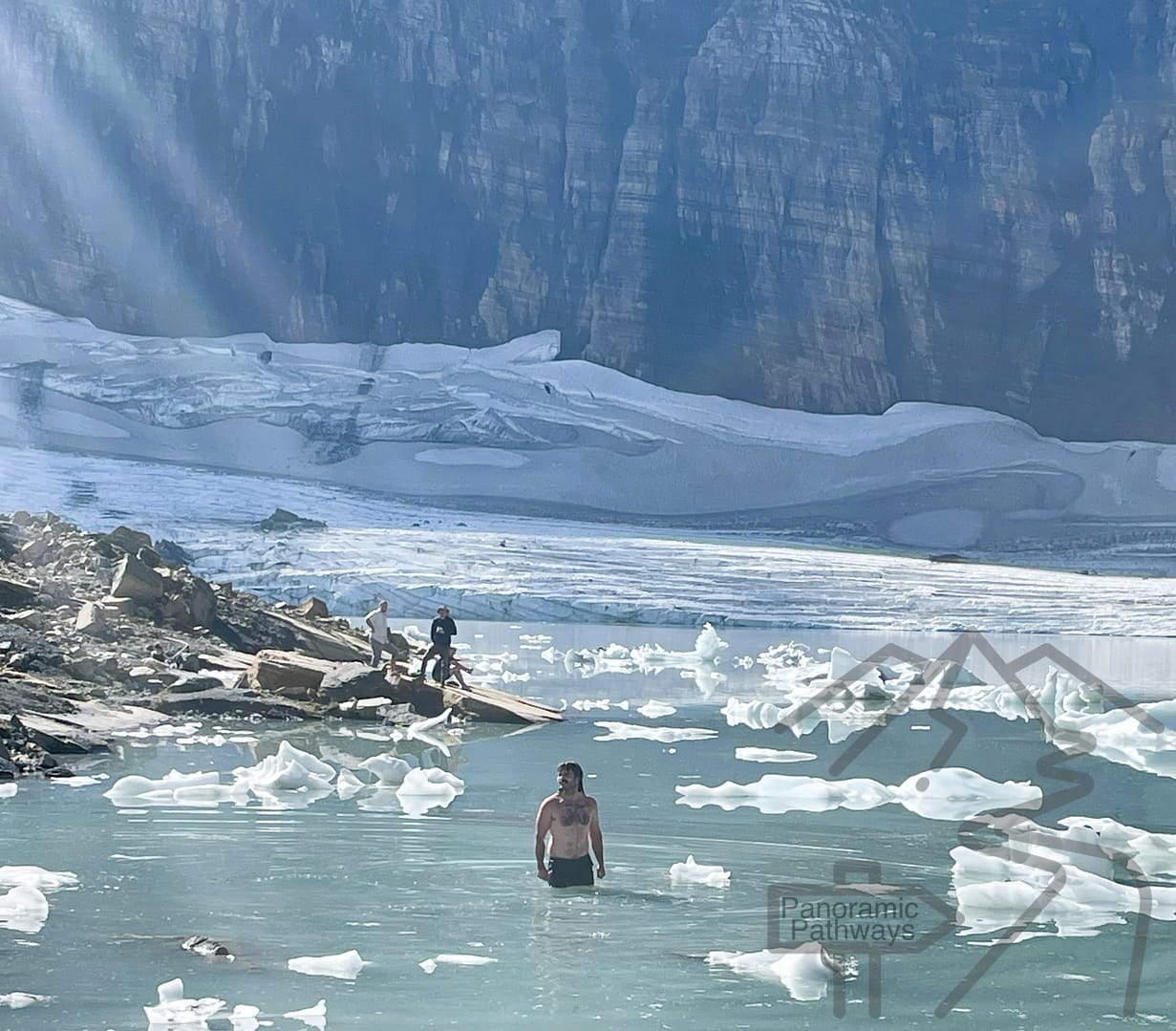 Man swimming, dipping, Icy Water, Base of Grinnell Glacier, National Park, Montana