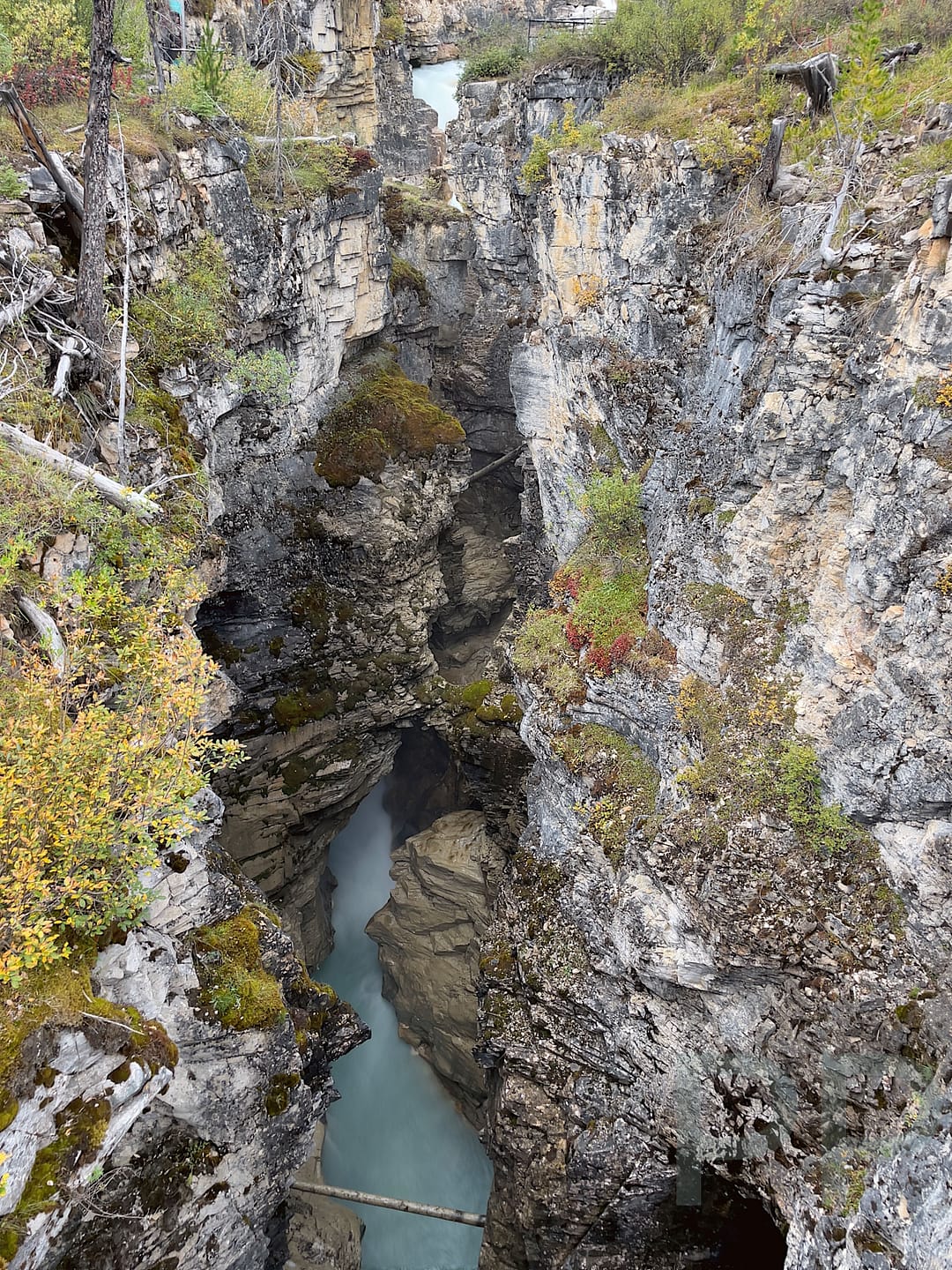 View of deep canyon walls and river below in Marble Canyon, Kootenay National Park