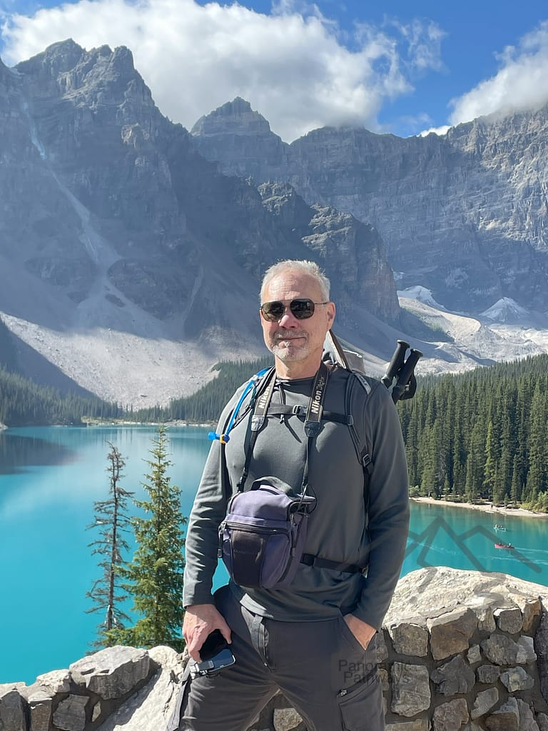 Hiking gear, poles, Camelbak hydration, Hat, Sunglasses, Phone, Camera, Zip off pants, Moraine Lake, Banff National Park