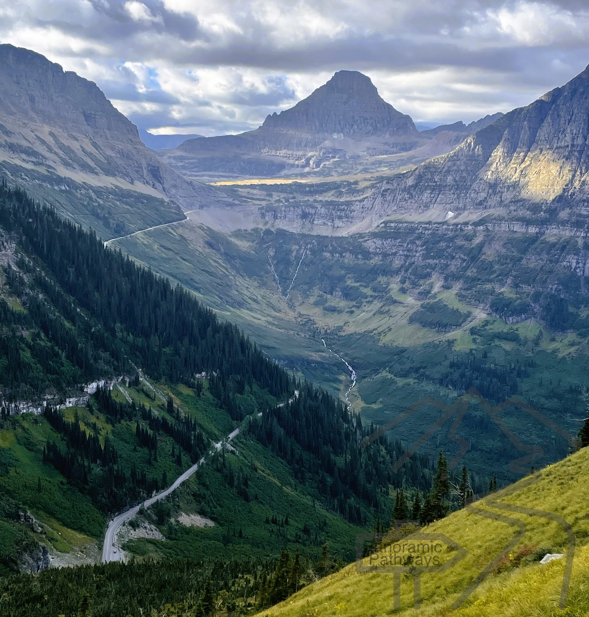 Expansive view from the Highline Trail with the Going-to-the-Sun Road winding through the valley below.