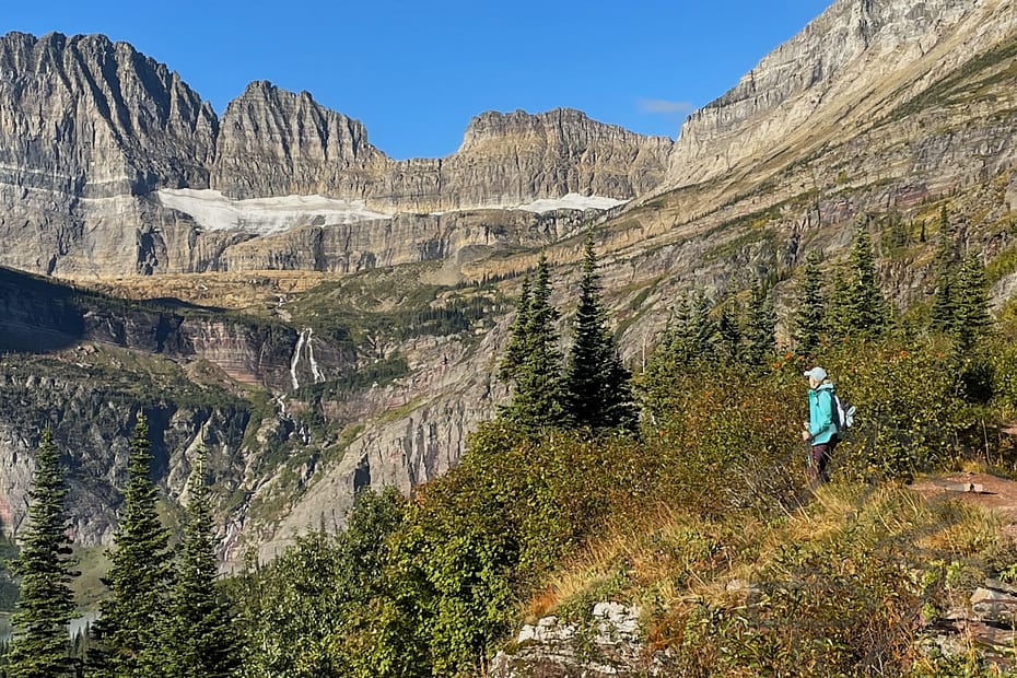 trail to Grinnell Glacier with icebergs and mountain goats