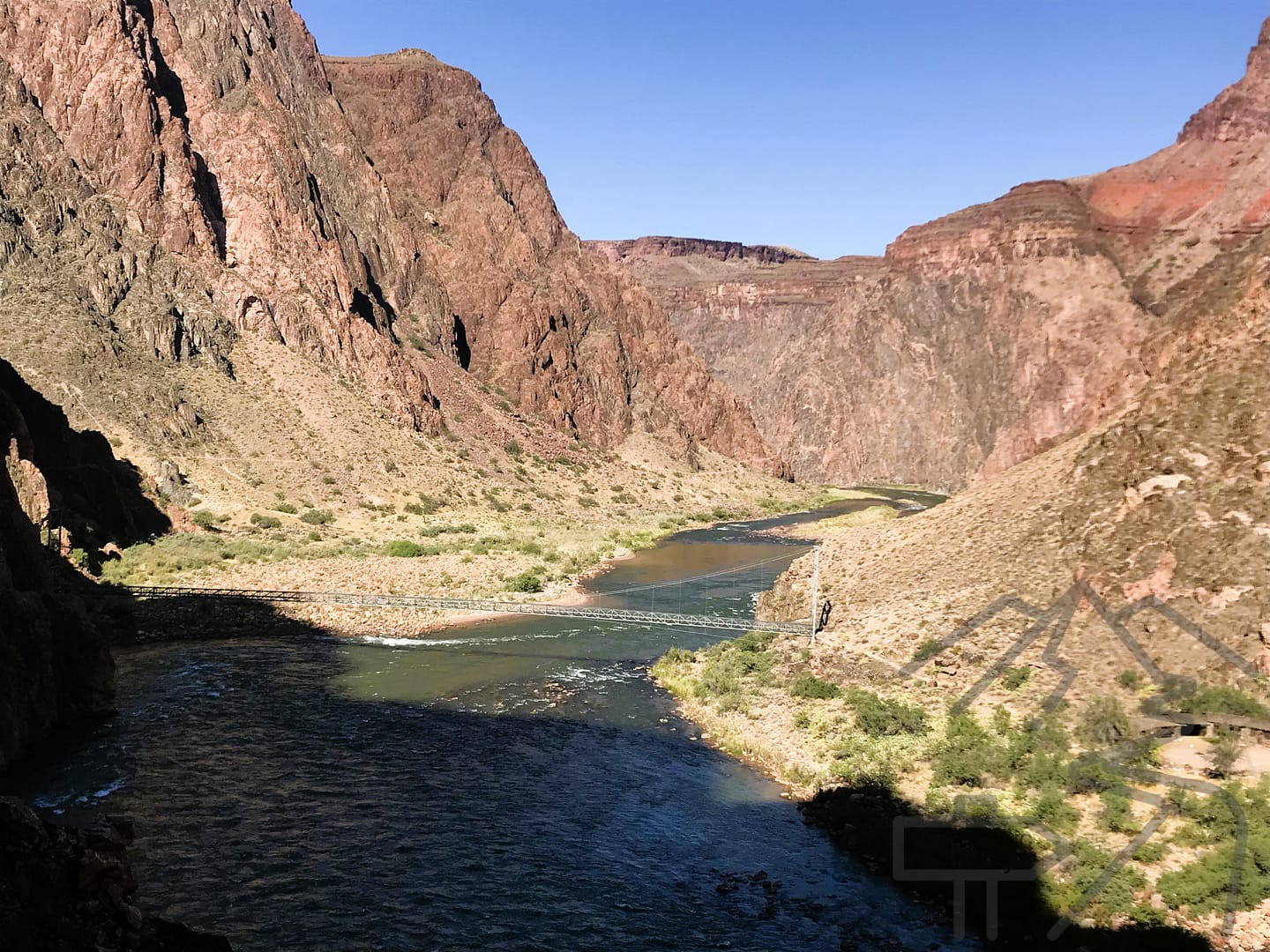 View of Colorado River and Silver Bridge from River Trail, Grand Canyon