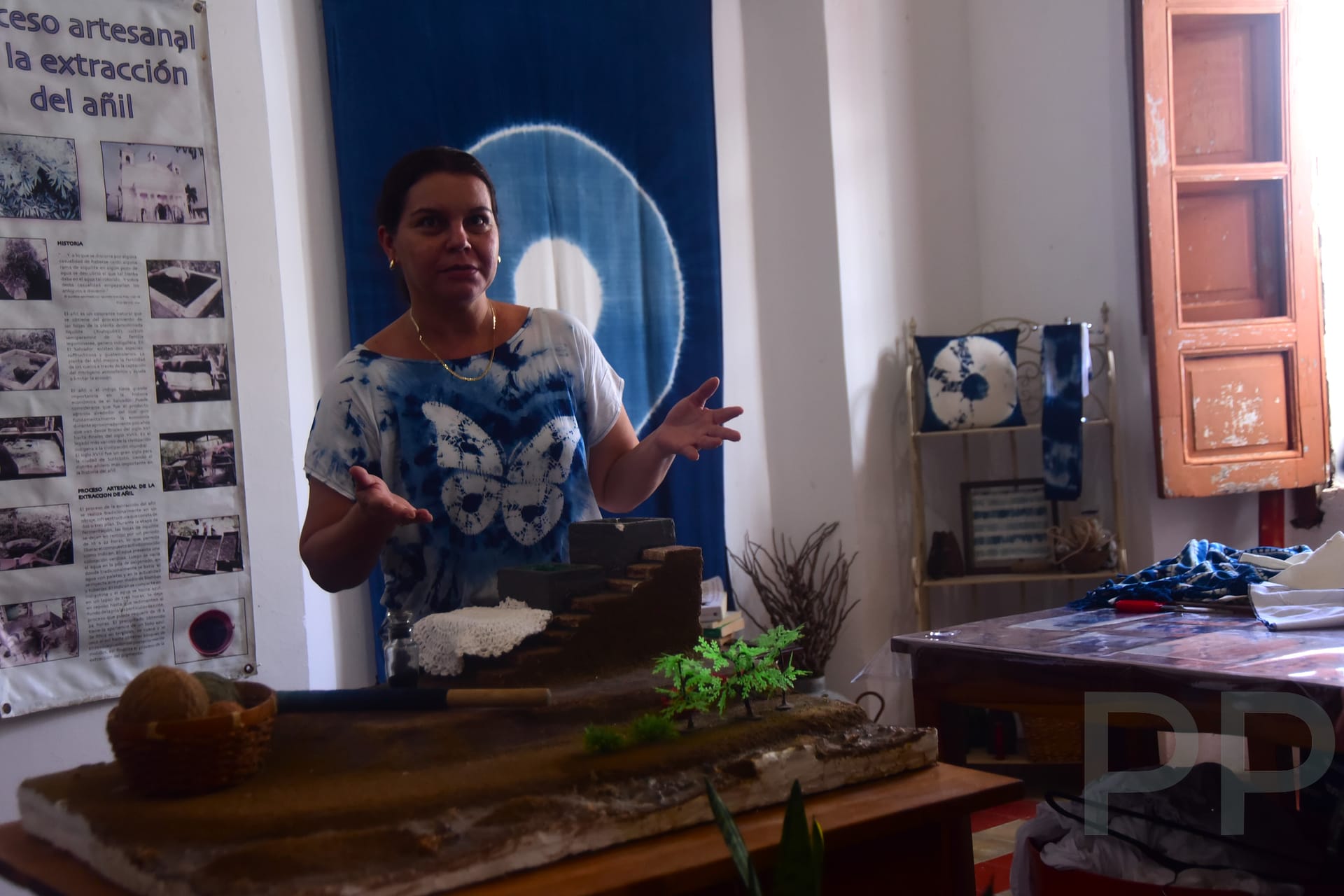 Indigo-dyed textiles and clothing at Arte A&ntilde;il, a traditional indigo workshop and shop in Suchitoto, El Salvador