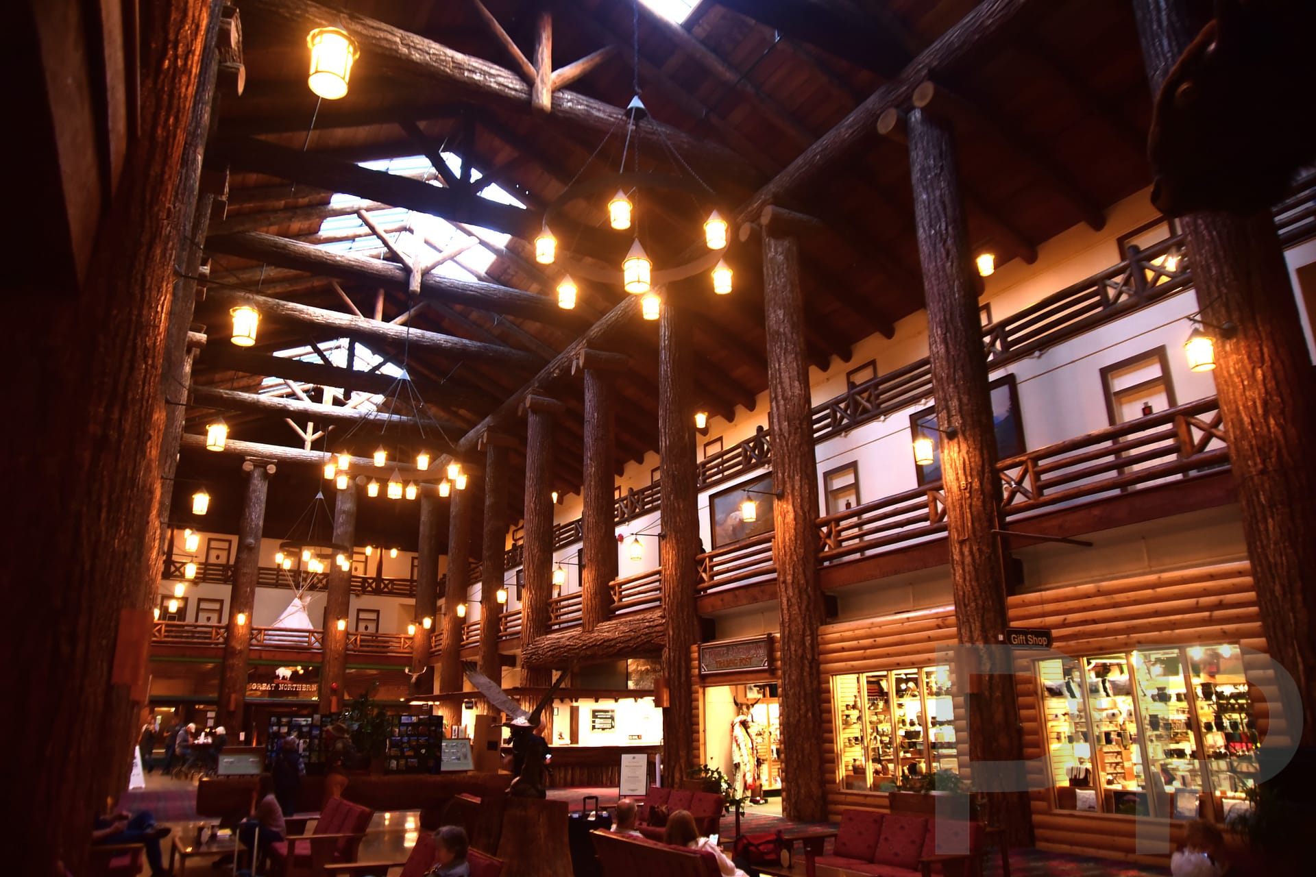 Interior of Glacier Park Lodge showing timber beams and historic lodge architecture in East Glacier, Montana