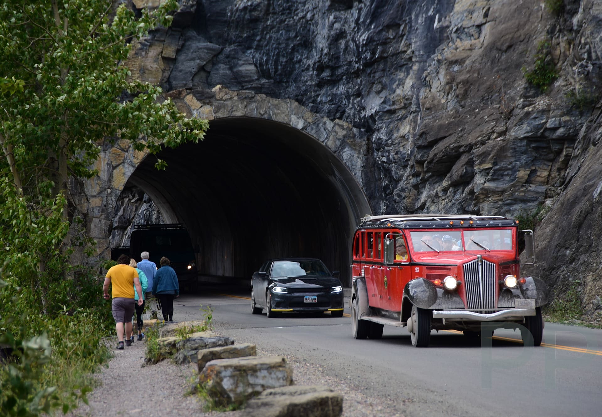 West Tunnel on Going-to-the-Sun Road in Glacier National Park with observation windows carved into the mountainside