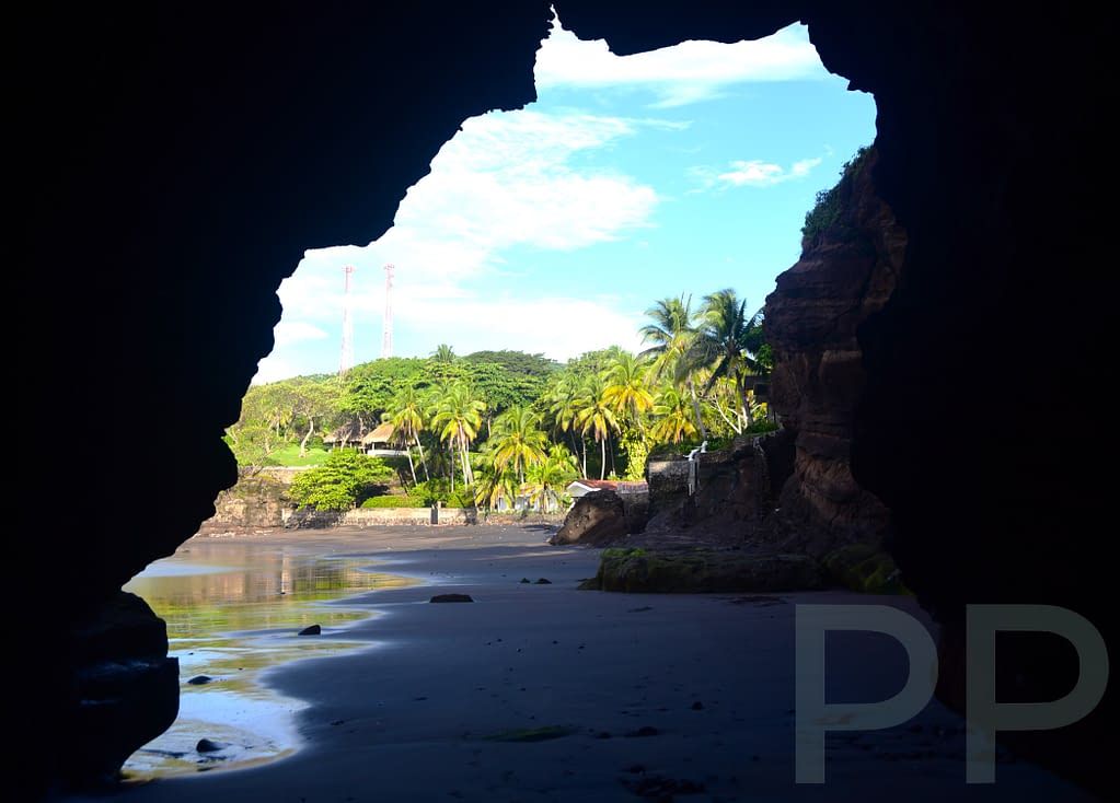 View from inside a sea cave at El Zonte, looking out toward the Pacific Ocean