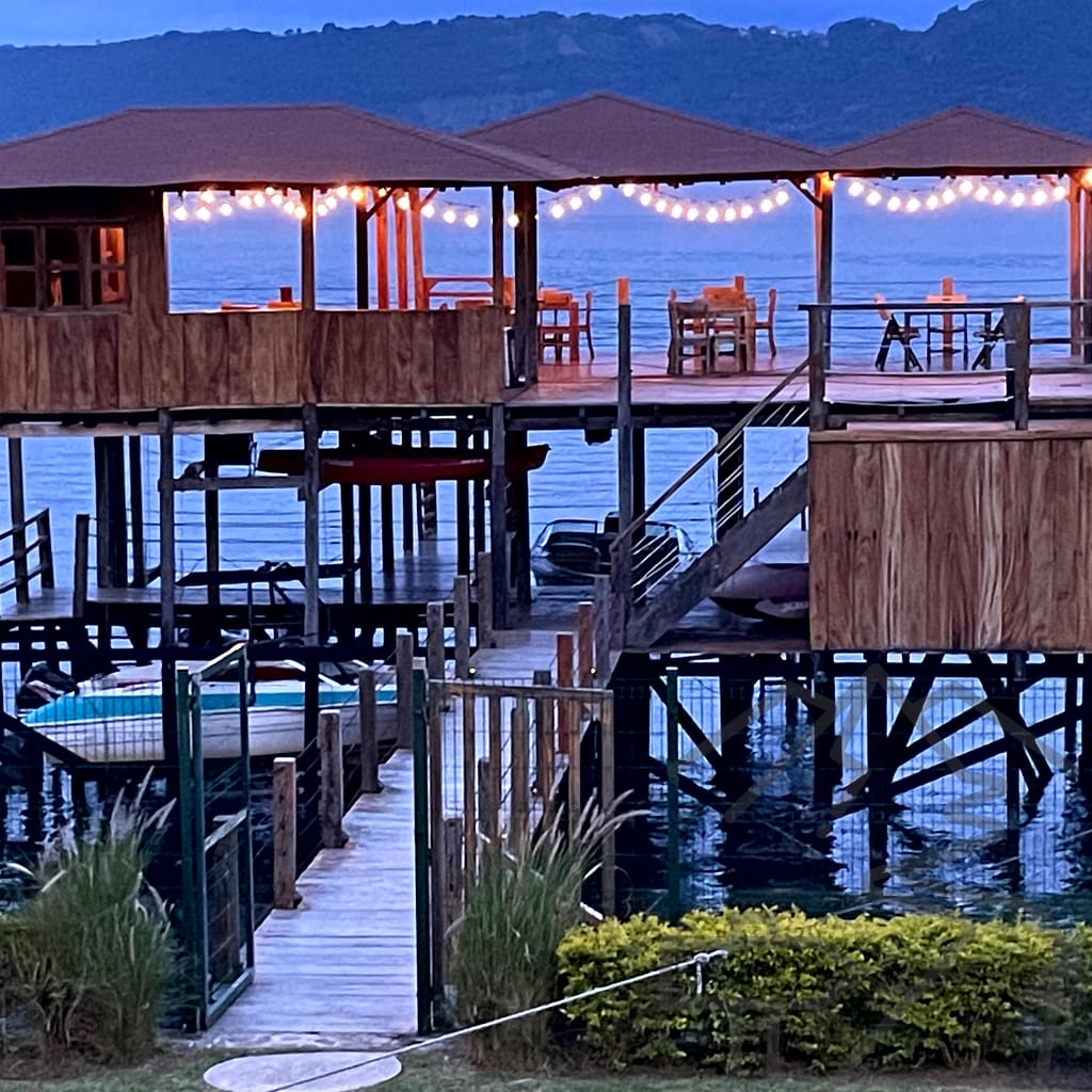 Boathouse and elevated deck at night, Hotel Equinoccio, Lake Coatepeque, Lights, Relaxing