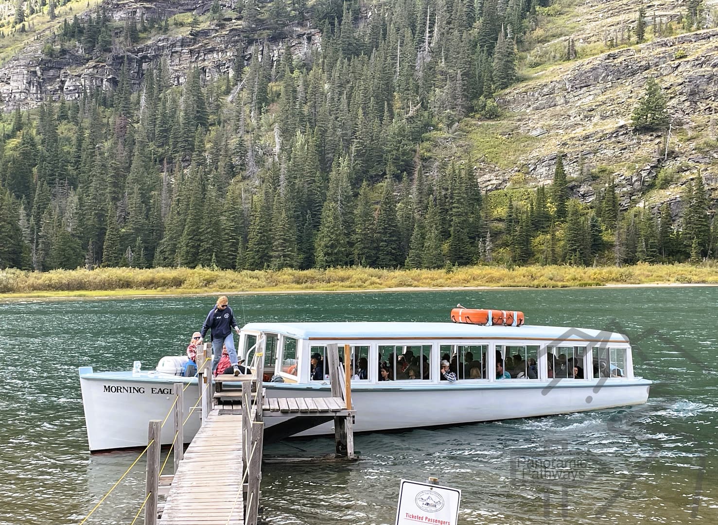 Scenic Boat, Morning Eagle Docking, Southern end, Swiftcurrent Lake, Many Glacier Hotel, National Park