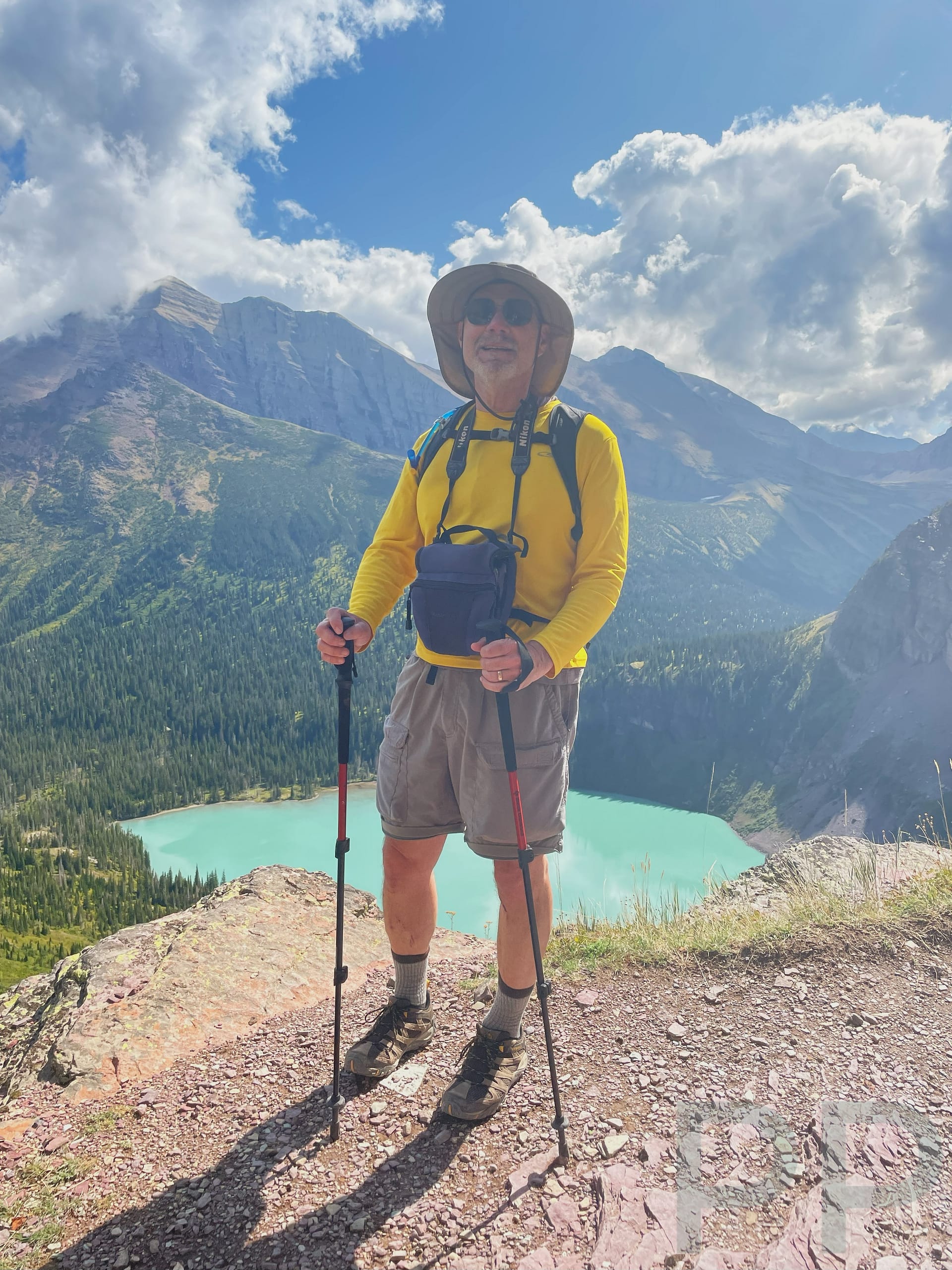 Steep view down to lake on Grinnell Glacier Trail in Glacier National Park