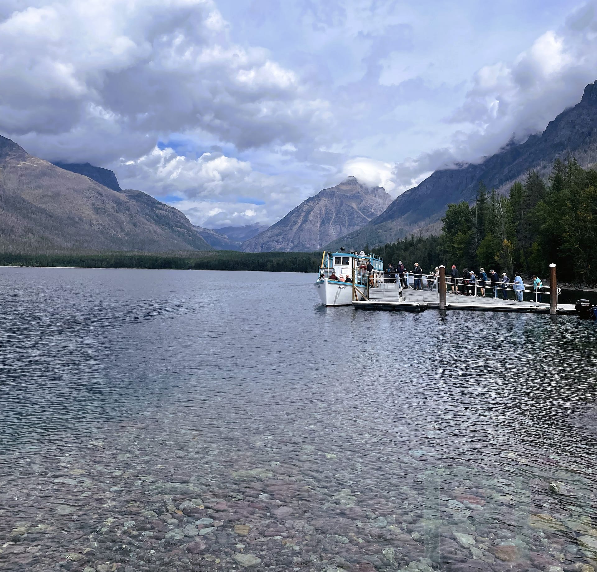 Boat dock on Lake McDonald behind Lake McDonald Lodge in Glacier National Park, Montana