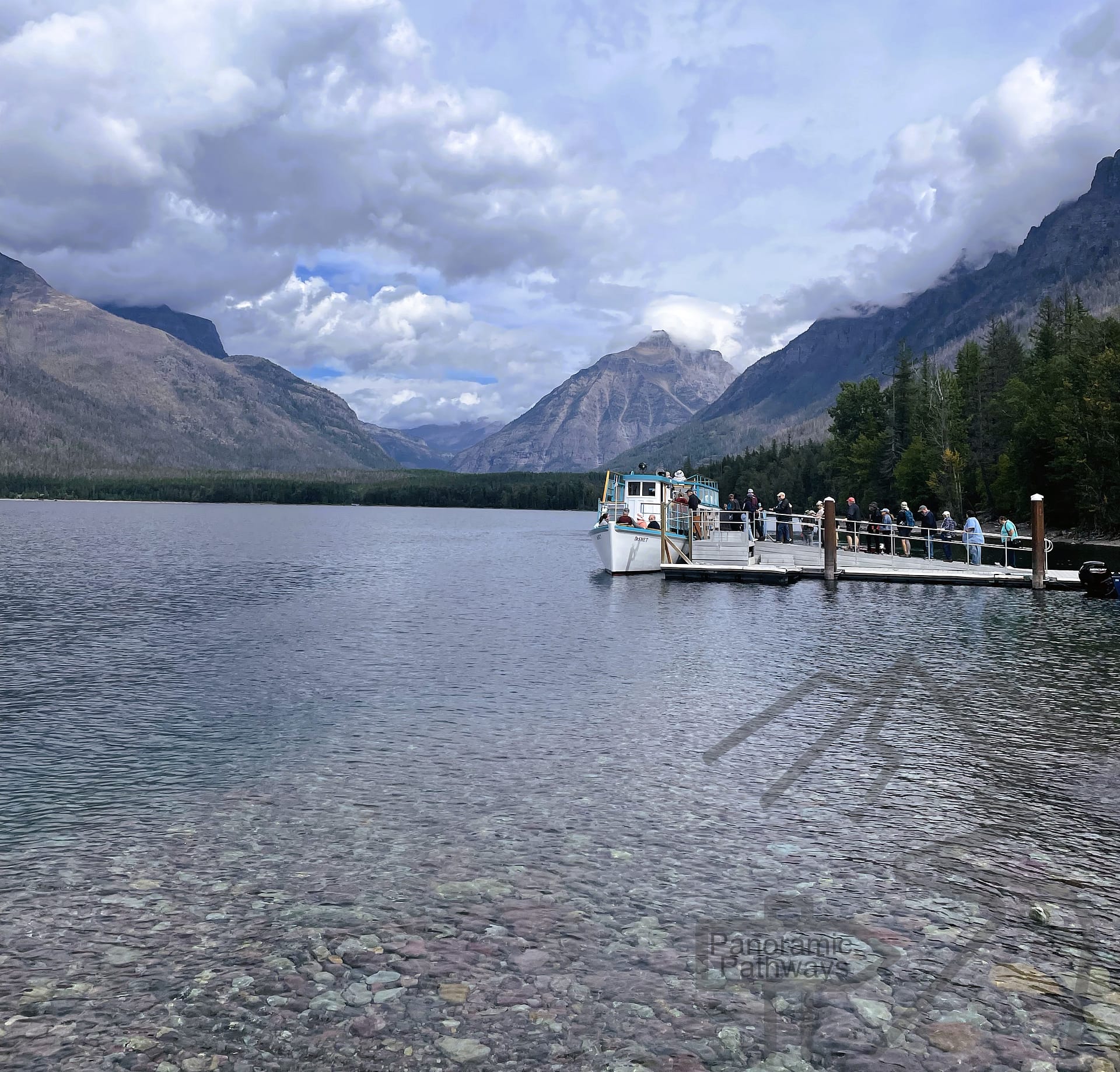Boat dock on Lake McDonald behind Lake McDonald Lodge in Glacier National Park, Montana