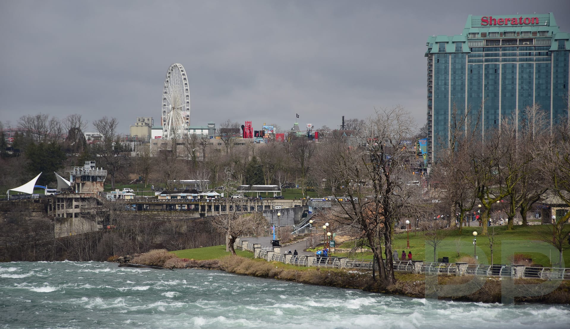 View across the river toward Niagara Falls, Ontario, with hotels on the skyline