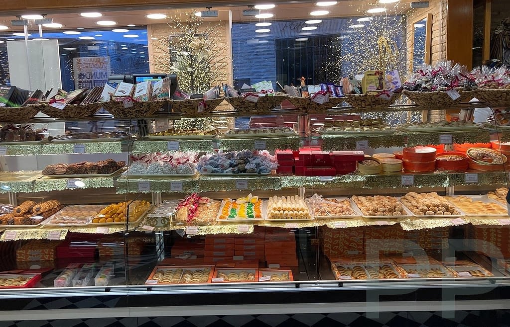 Marzipan selection counter at Mazapán Santo Tomé in Toledo, Spain
