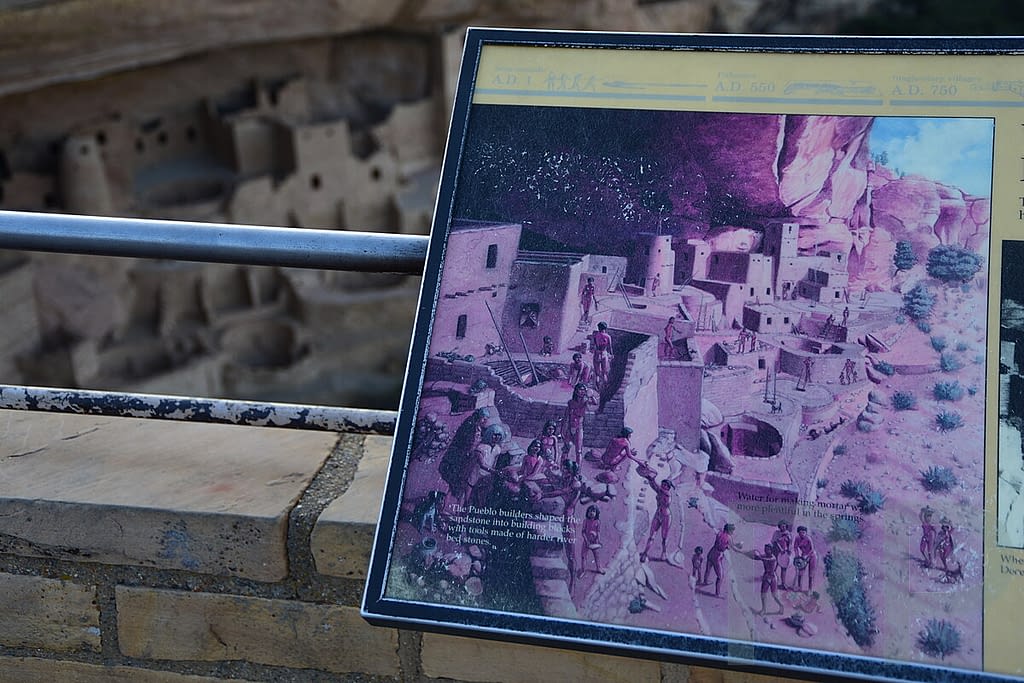 Interpretive display illustrating life within an Ancestral Pueblo cliff dwelling community.