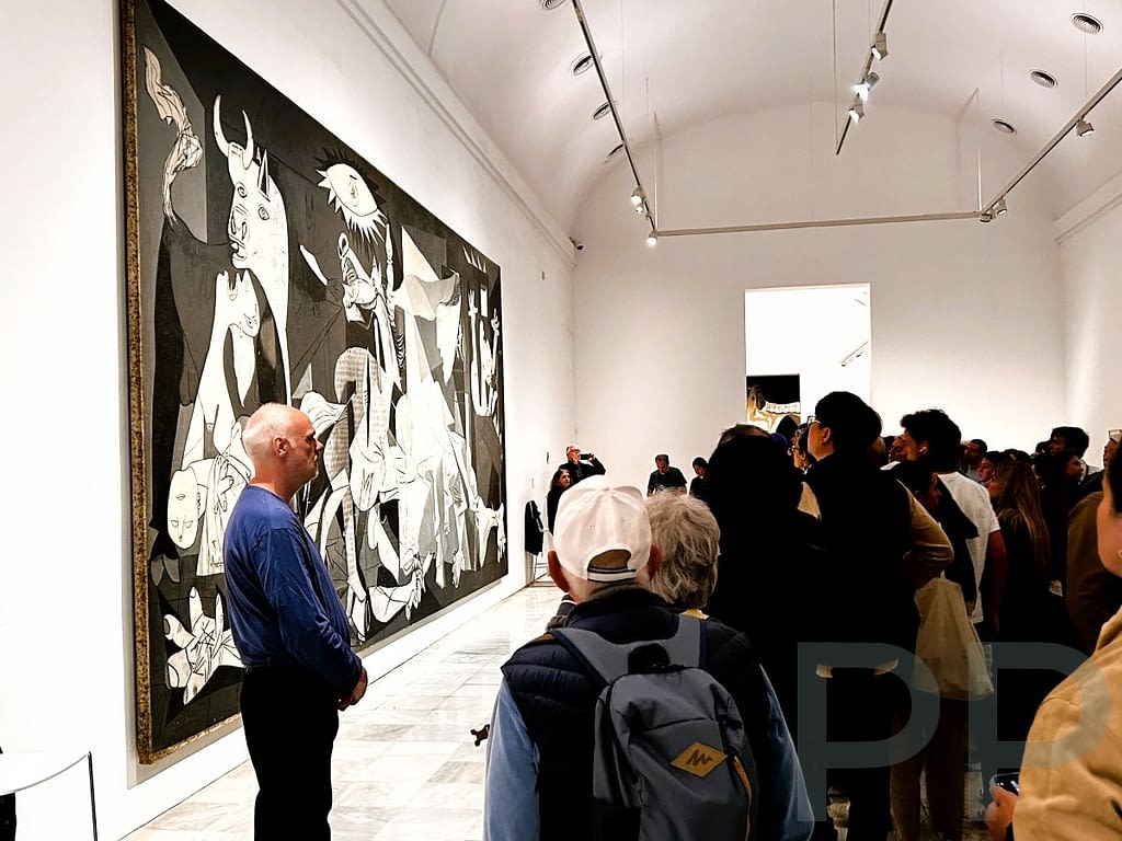 Interior at the Reina Sofía Museum in Madrid (associated with Picasso’s Guernica exhibit).