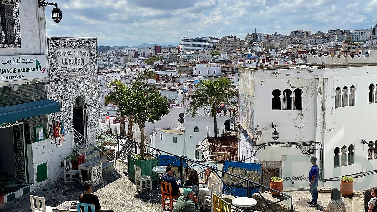 Overlook of white buildings and rooftops in Tangier, Morocco.