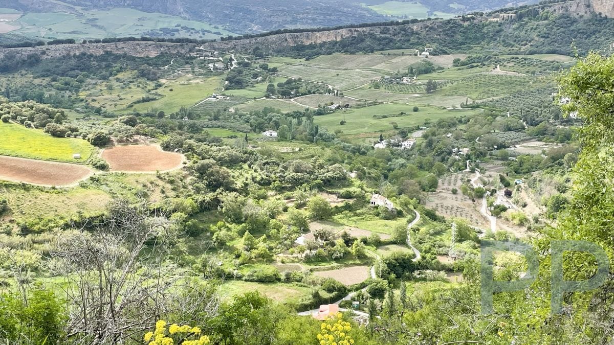 Panoramic view of the countryside around Ronda, Spain, with patchwork fields, winding roads, and scattered farmhouses.