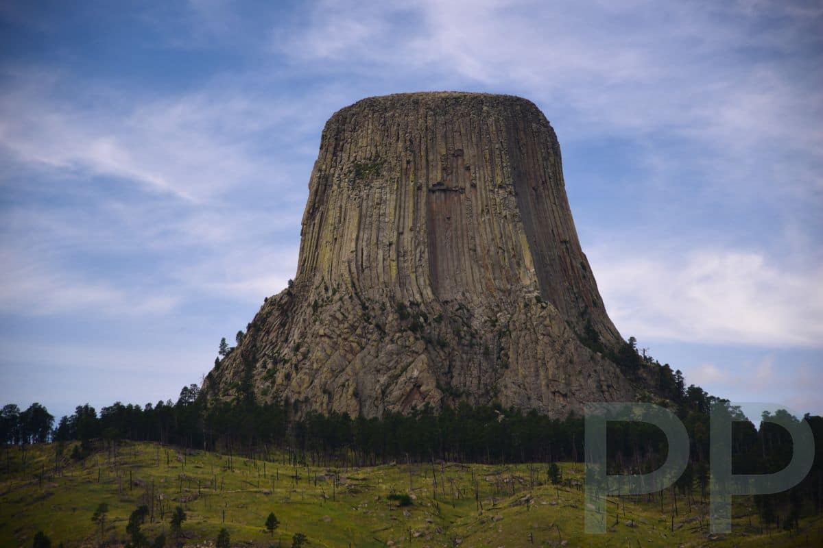 Devils Tower rising above a grassy meadow and pine trees in Wyoming