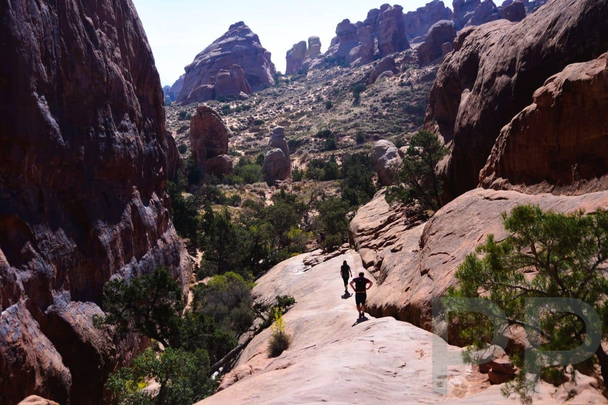 Primitive Loop Trail rocky terrain and cairns in Devils Garden Arches National Park