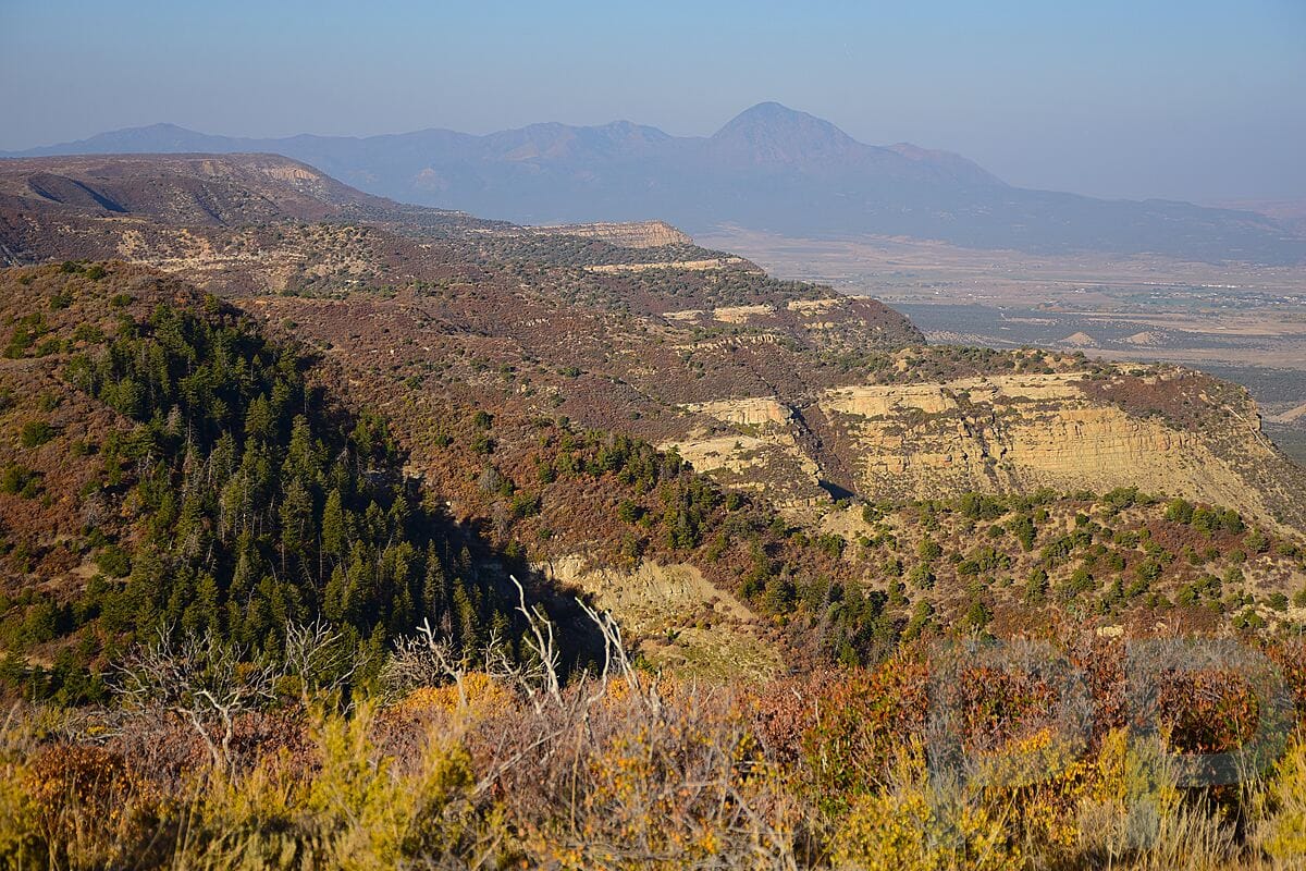 Panoramic view of mountains, mesas, and valleys from Park Point in Mesa Verde National Park