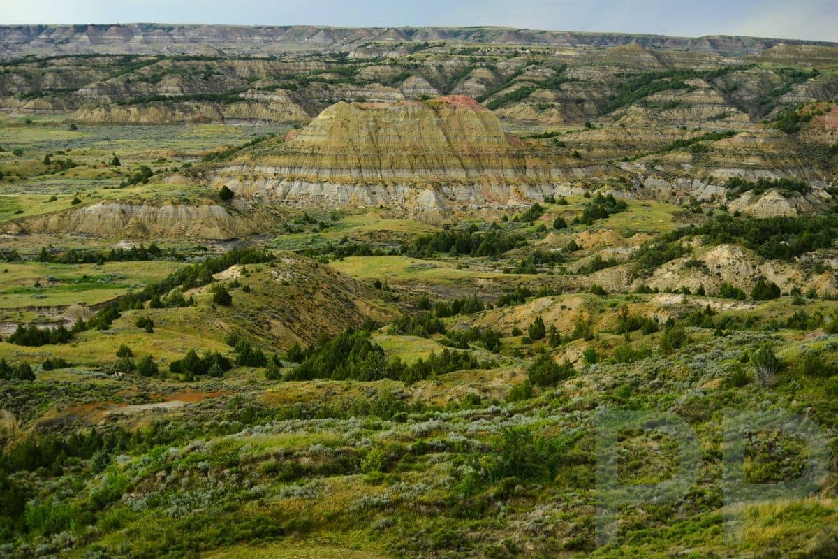 Layered badlands formations viewed from Painted Canyon Overlook near Medora, North Dakota
