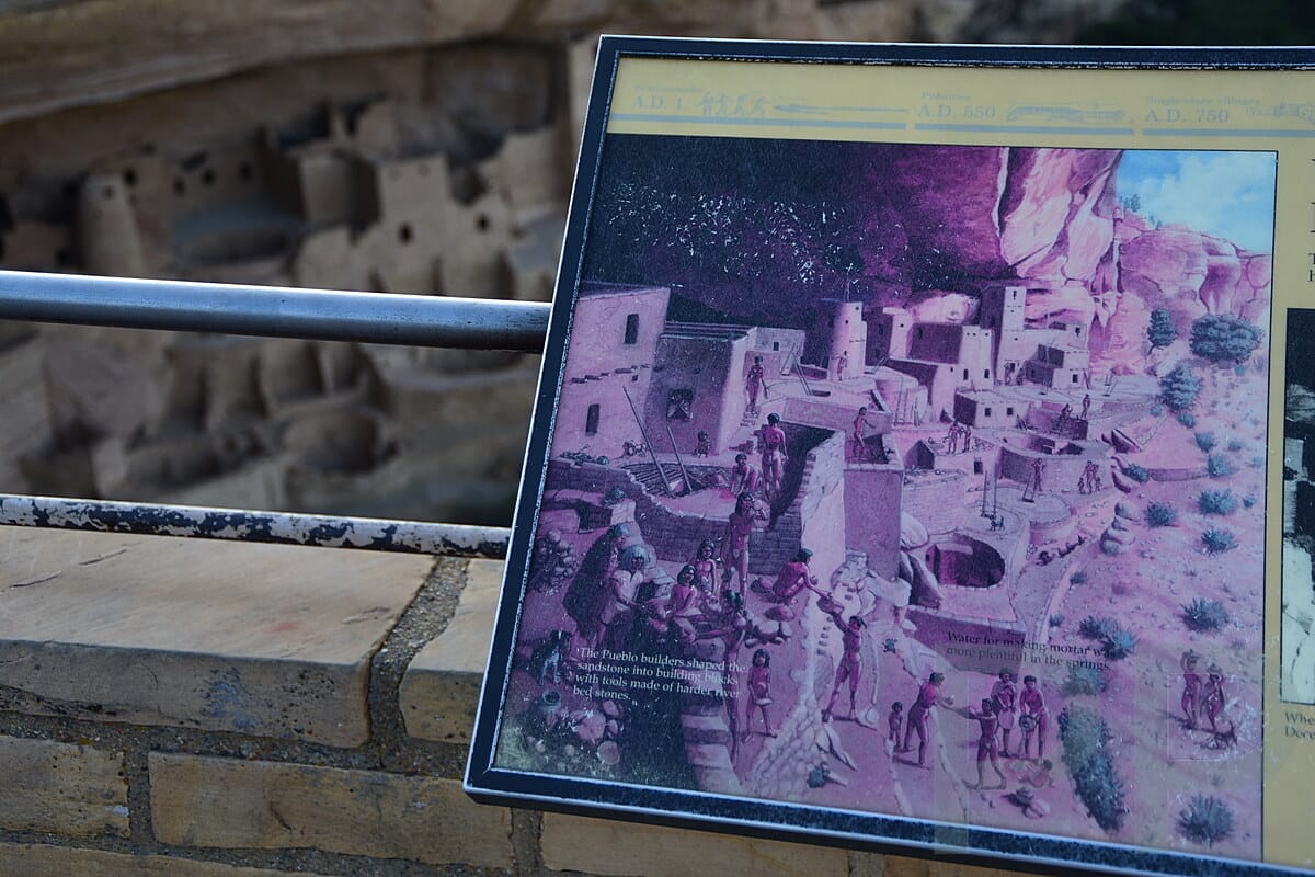 Interpretive display illustrating life within an Ancestral Pueblo cliff dwelling community.