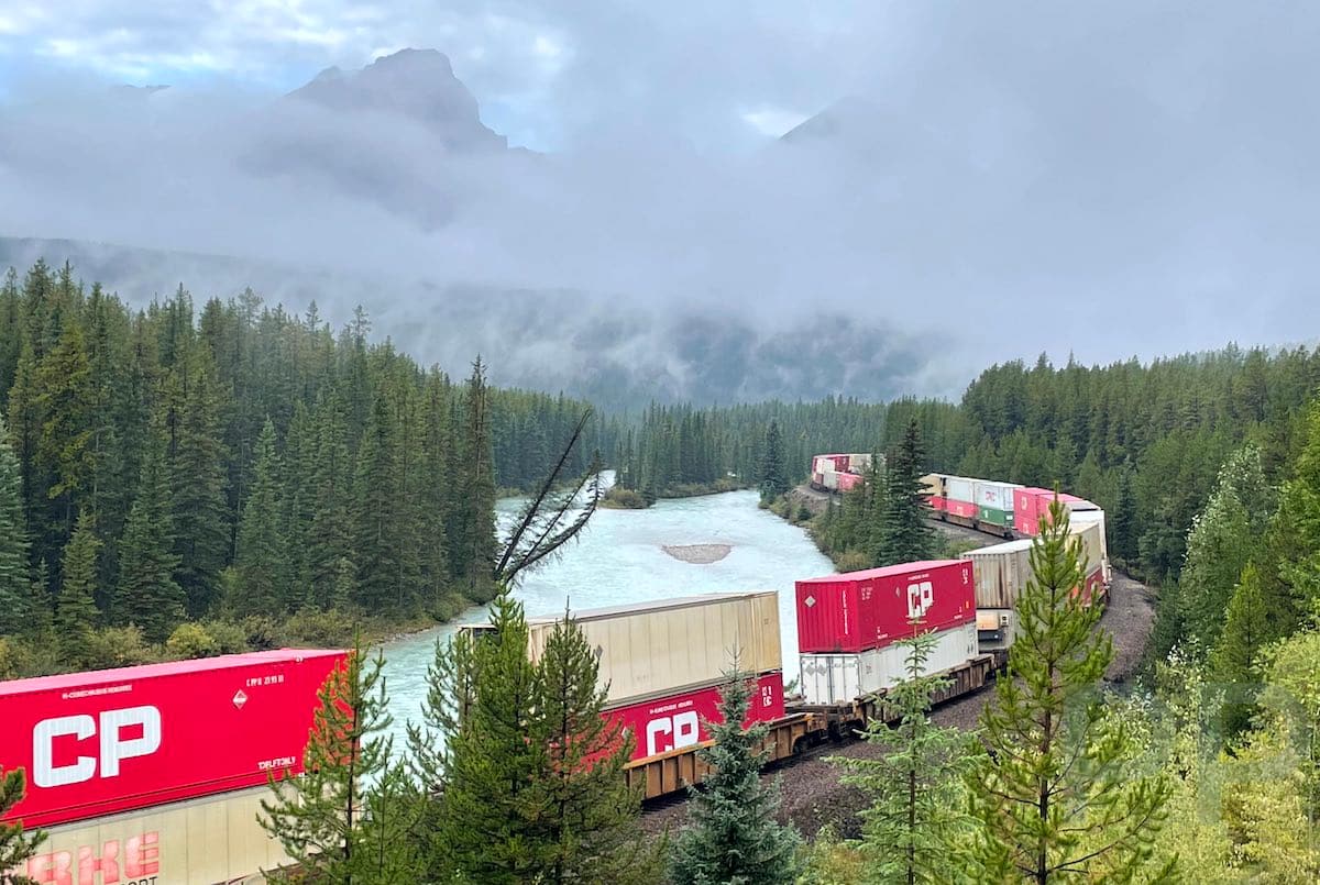 Train passing through Morant's Curve along the Bow Valley Parkway