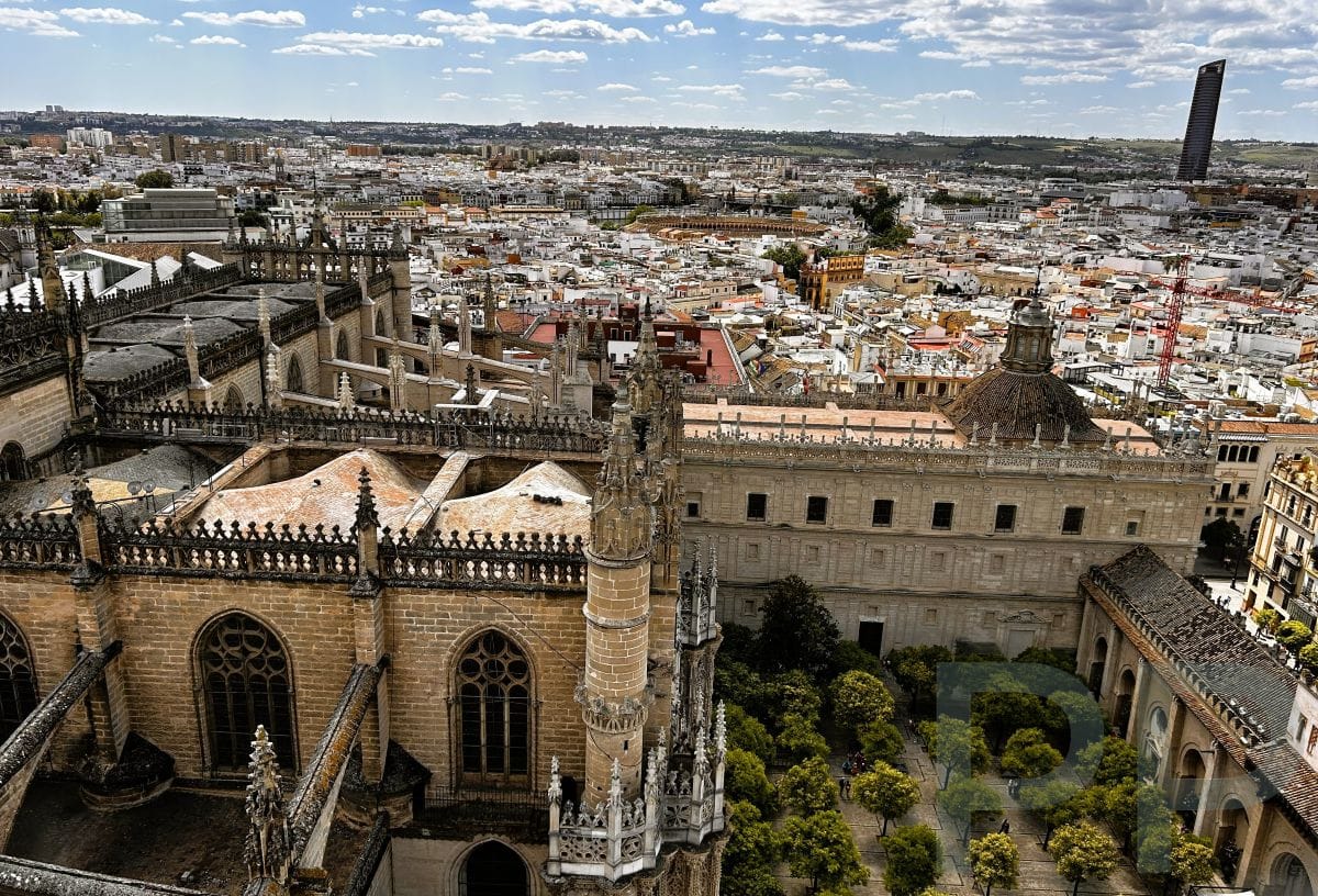 Panoramic view of Seville from the Giralda tower showing rooftops and skyline
