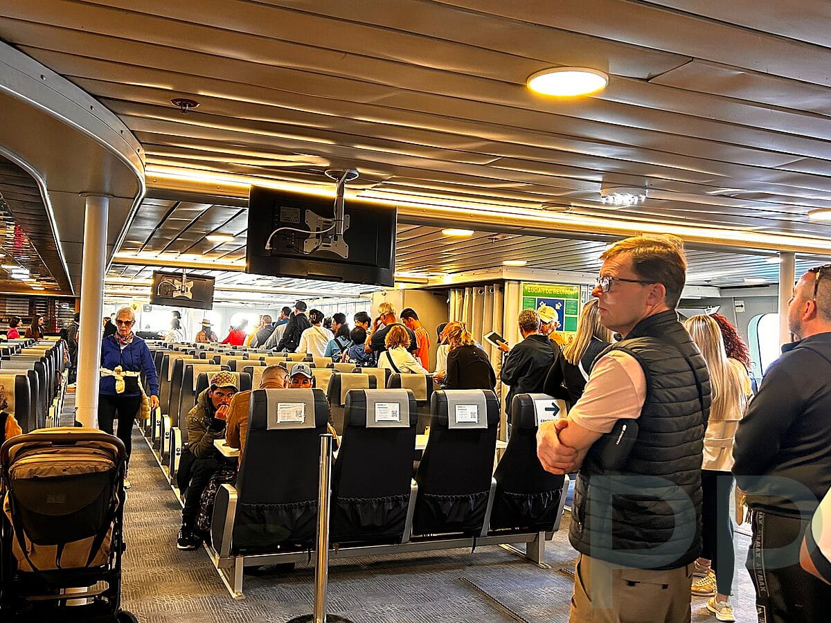 Long passport control line inside ferry from Spain to Tangier, Morocco.