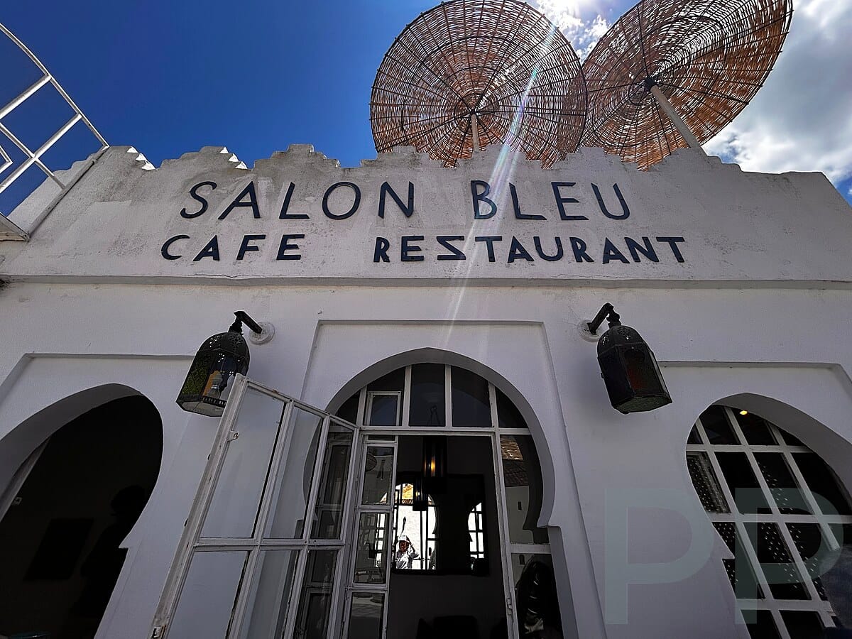 Moroccan food and rooftop dining view at Salon Bleu in Tangier, Morocco.