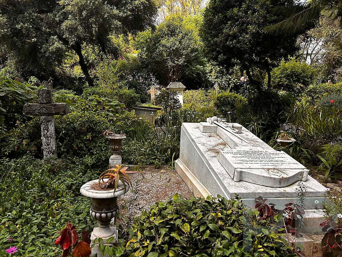 Shaded cemetery with trees near St. Andrew’s Church in Tangier, Morocco.