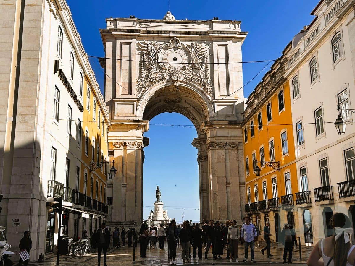 Street in Baixa Lisbon showing classic buildings and pedestrian-friendly streets.