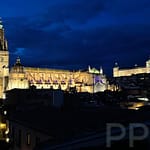 Toledo Cathedral and Alcázar rising above the medieval city walls in Spain