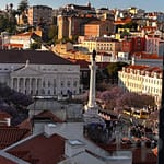 Rossio Square in Lisbon viewed from the Santa Justa Lift, with central statue and elegant surrounding buildings