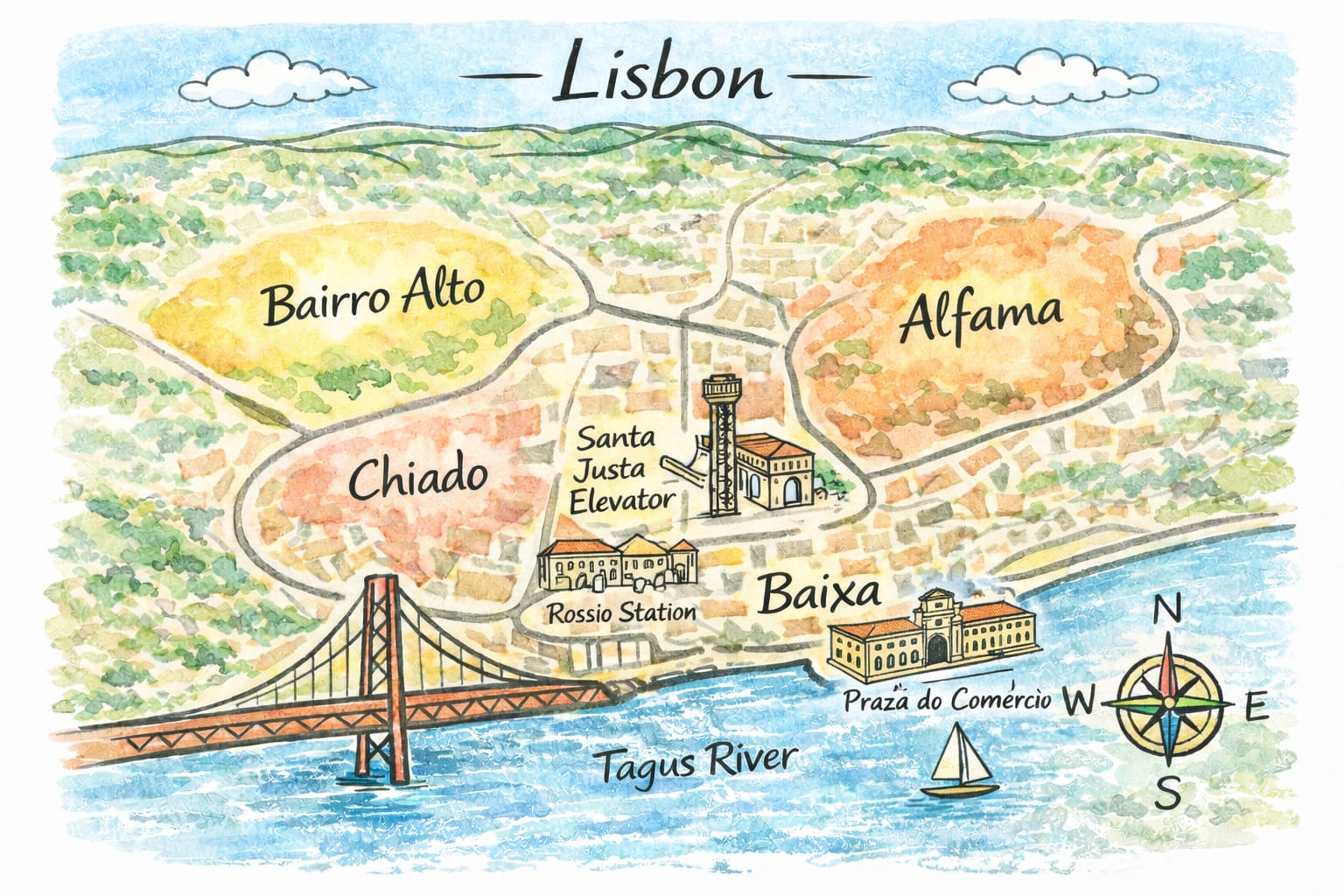 Simple sketch map showing Lisbon&rsquo;s central neighborhoods and their relative locations.