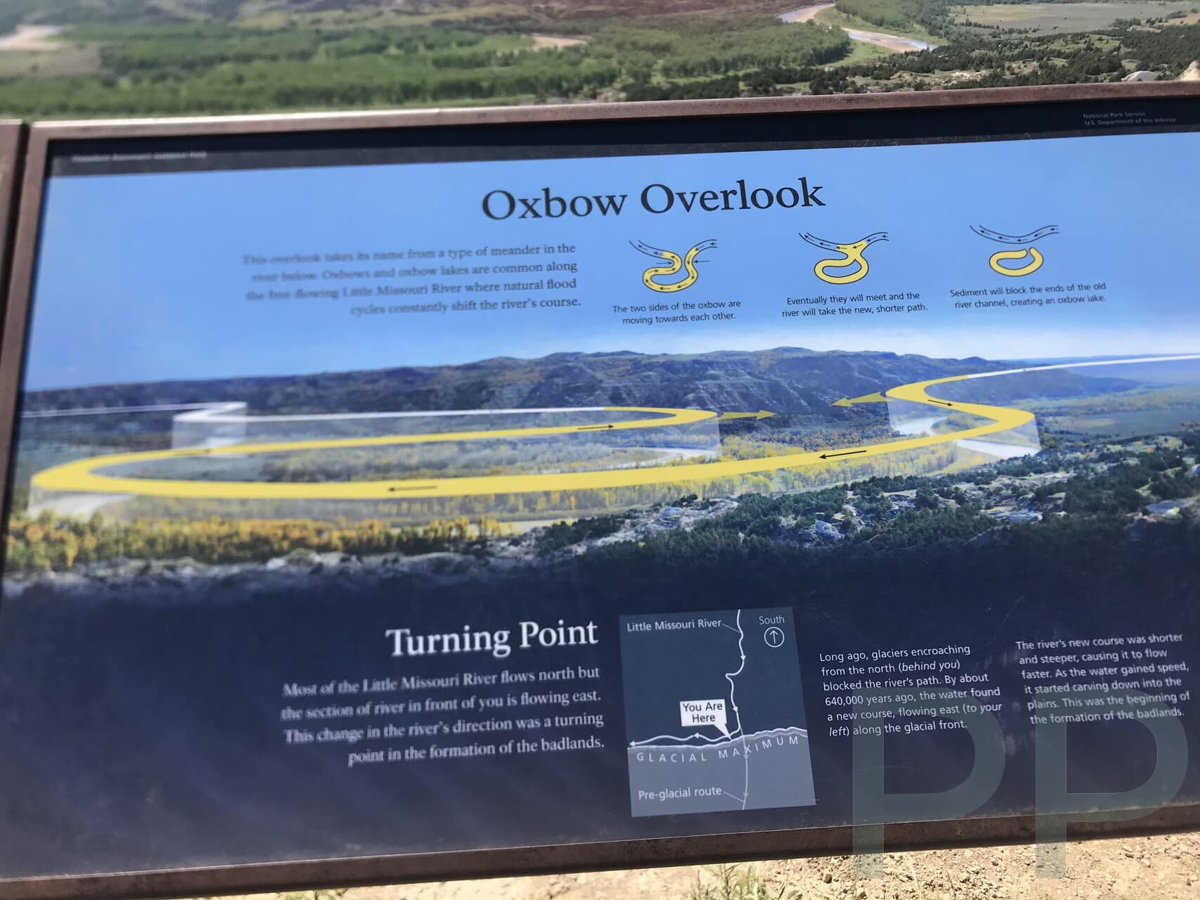 Oxbow Overlook interpretive sign explaining the Little Missouri River&rsquo;s changing course in Theodore Roosevelt National Park