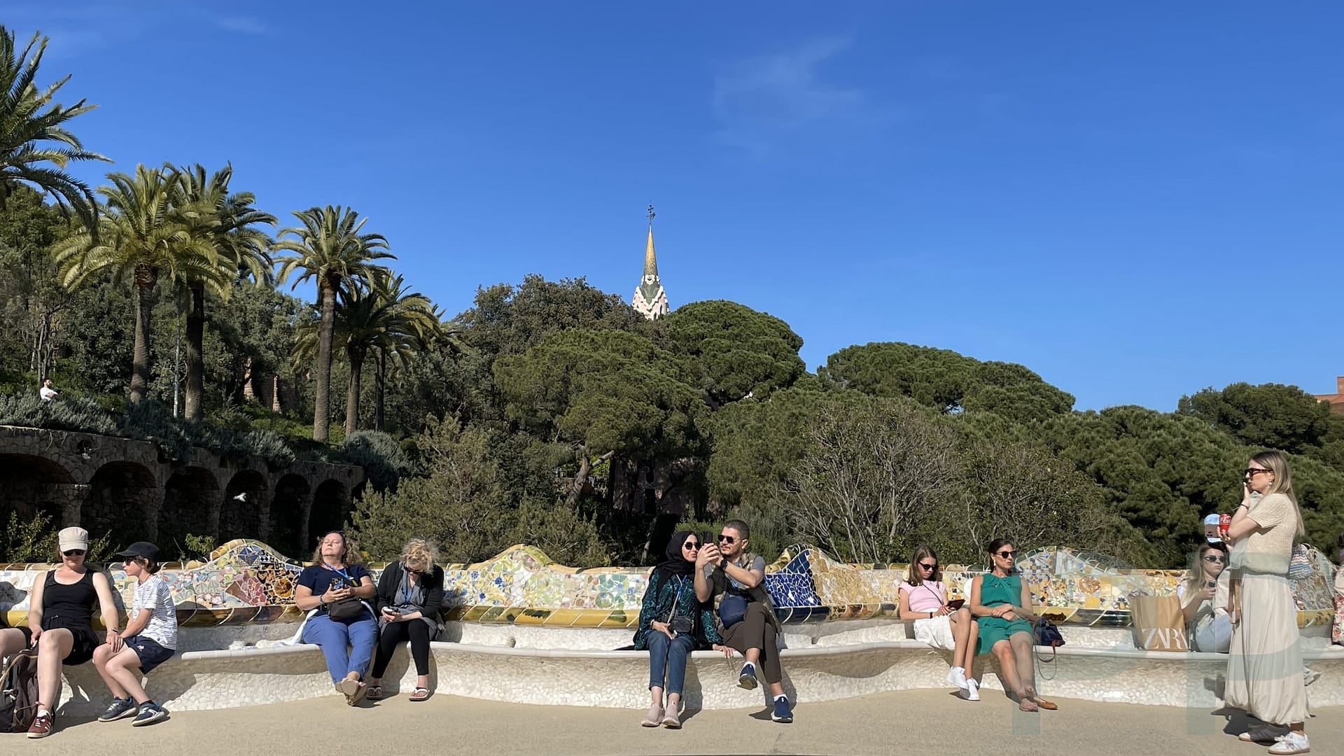 Serpentine mosaic bench at Park G&uuml;ell overlooking Barcelona