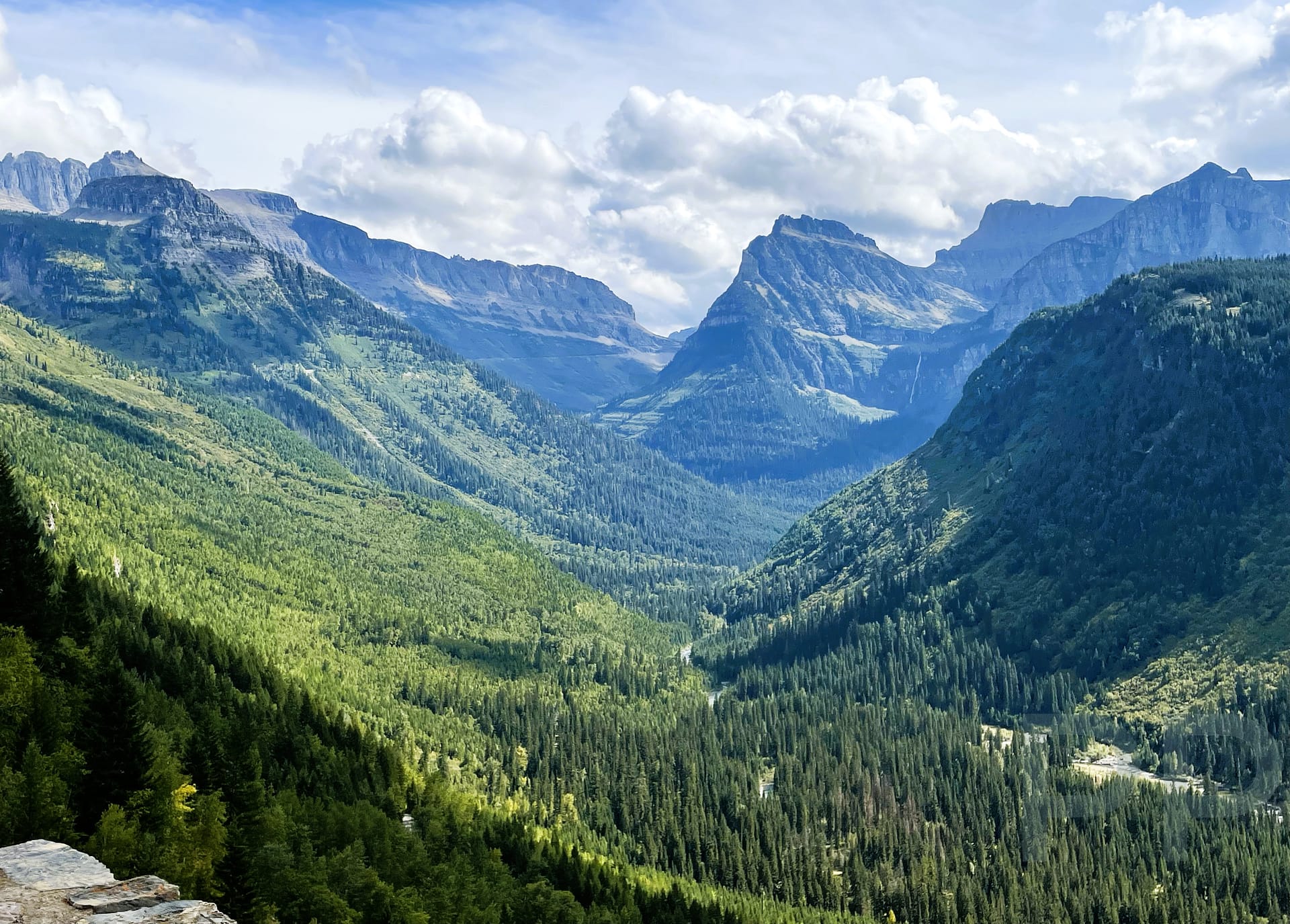 Mountain and forested valley view from The Loop on Going-to-the-Sun Road in Glacier National Park