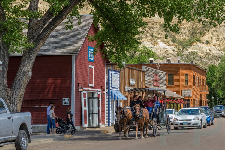 Western-style storefronts and streetscape in Medora, North Dakota