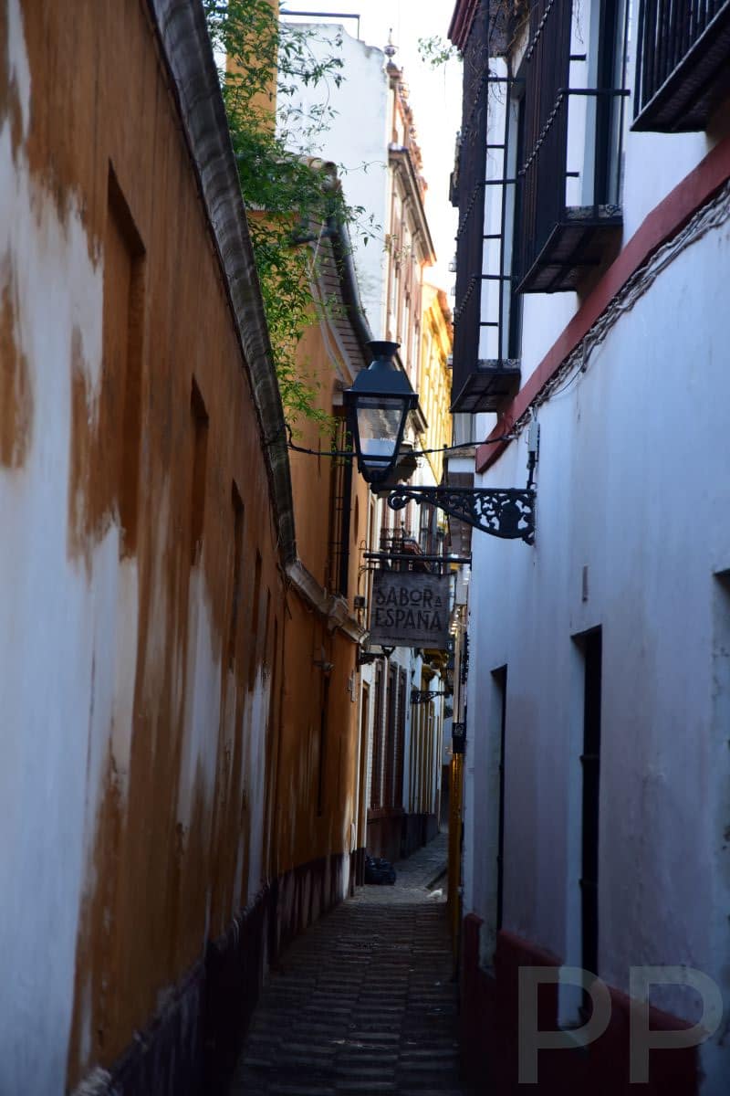 Close-up of a narrow Seville street with textured walls and architectural details