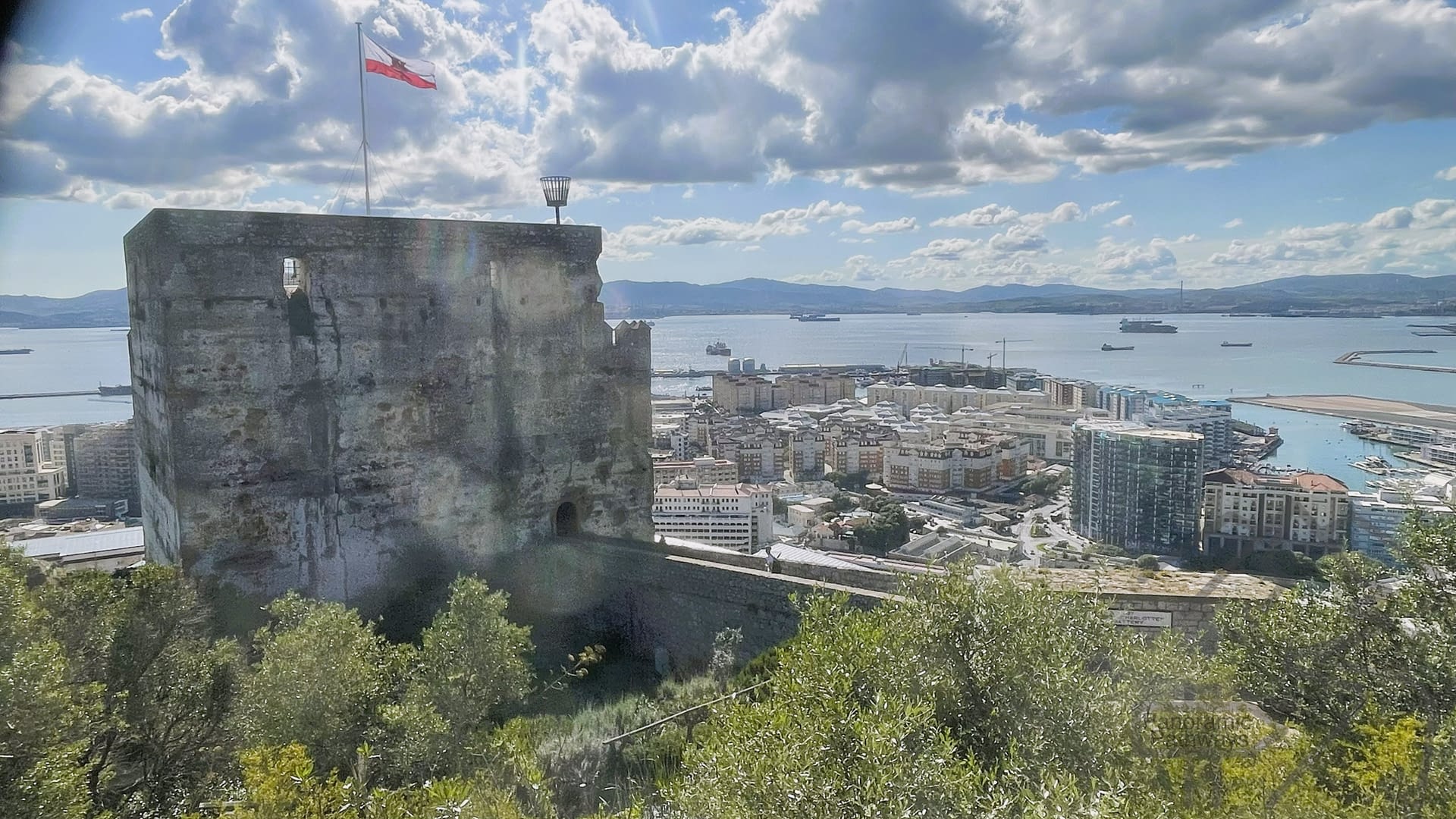 Moorish Castle Tower in Gibraltar seen from outside along the walk down from the Rock